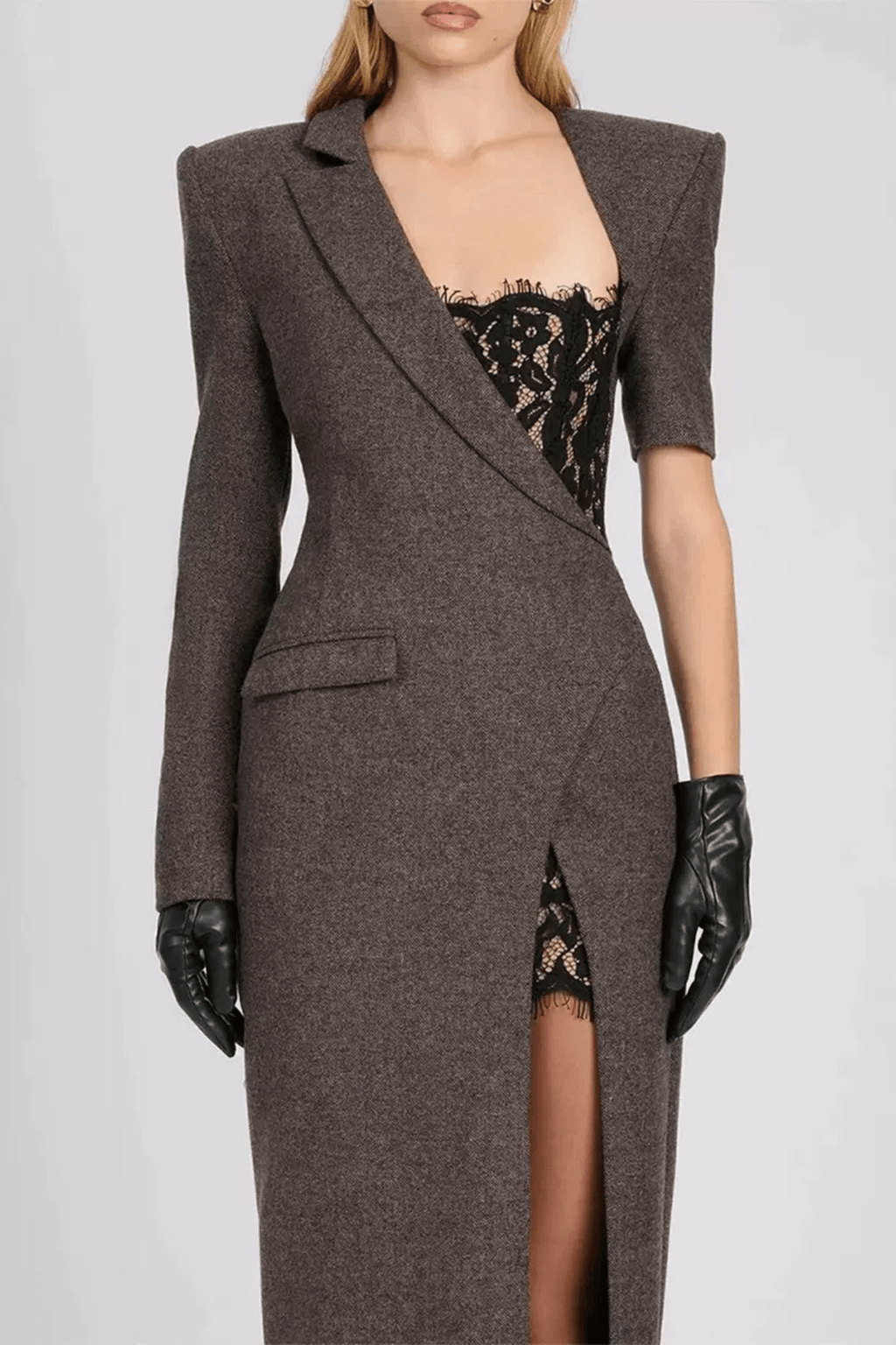 Joyce Gray Lace Detail Long Sleeve Slit Maxi Dress Avalabel
