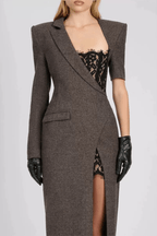 Joyce Gray Lace Detail Long Sleeve Slit Maxi Dress Avalabel