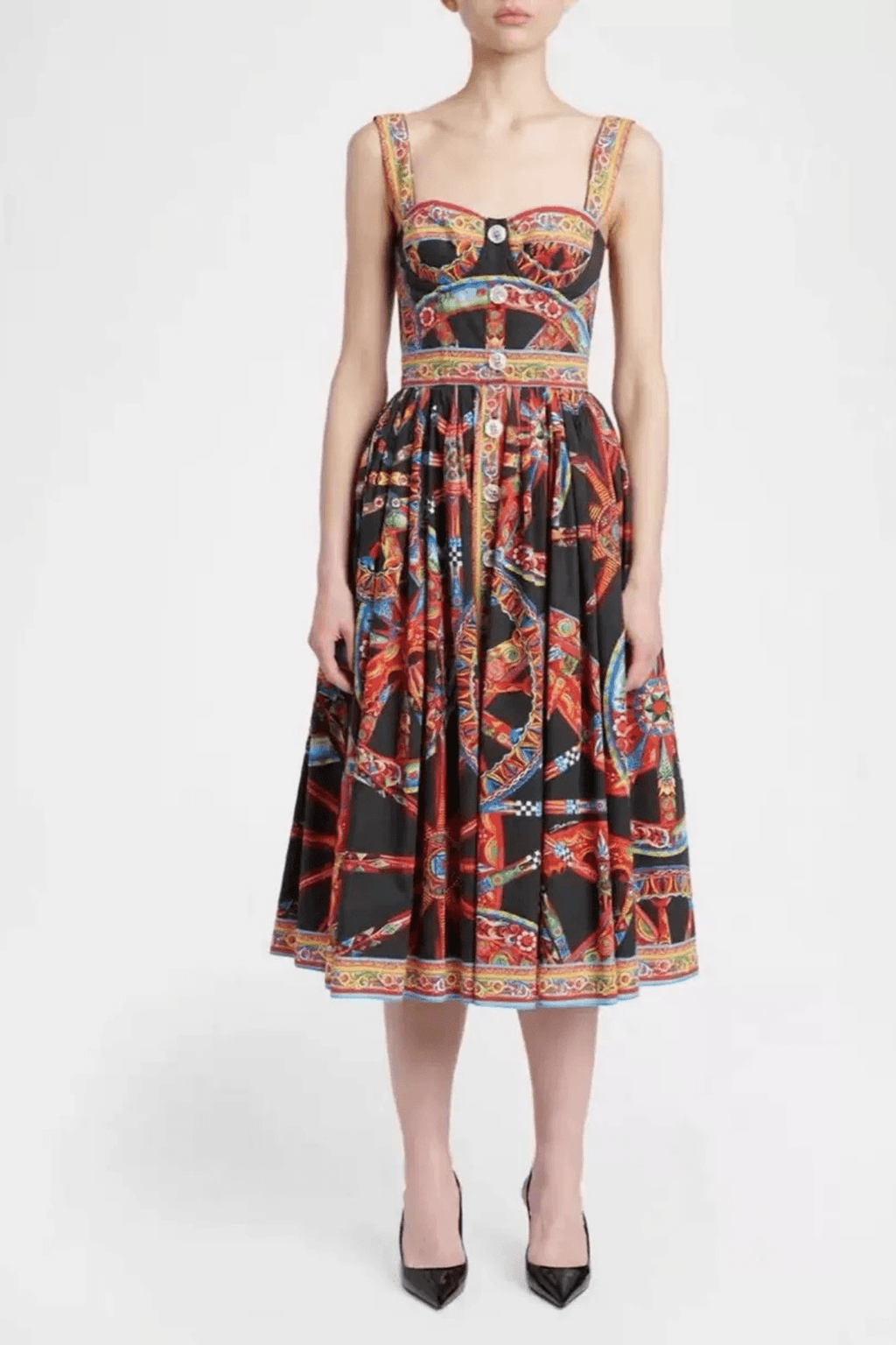 Sicilian Cart Print Wide Strap Button Front Dress Avalabel