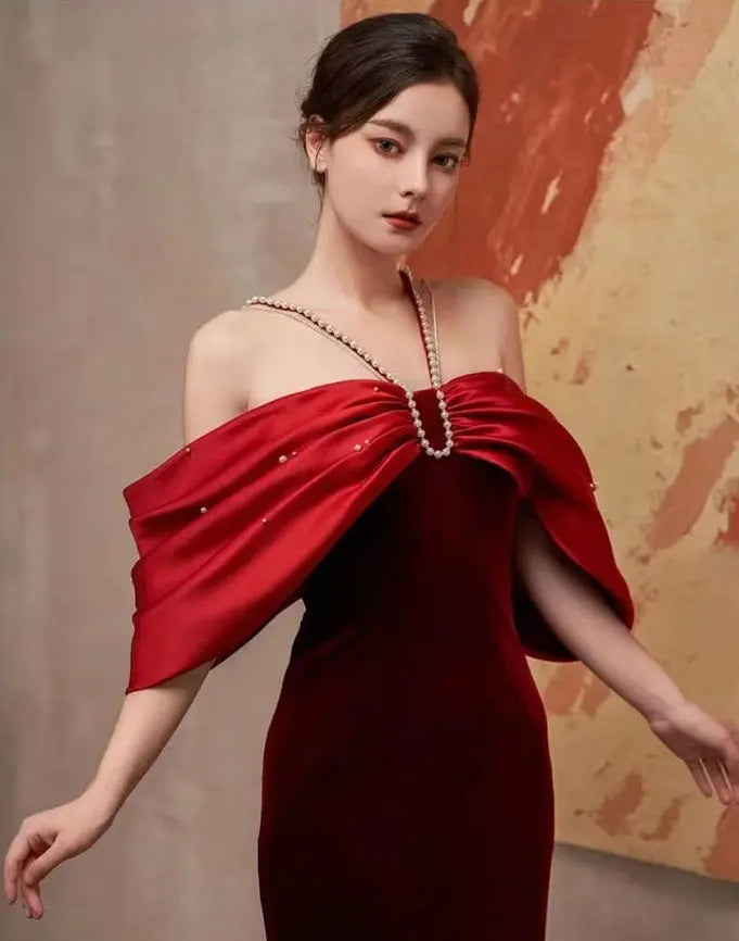 Tove Off Shoulder Velvet Maxi Dress - Red Avalabel