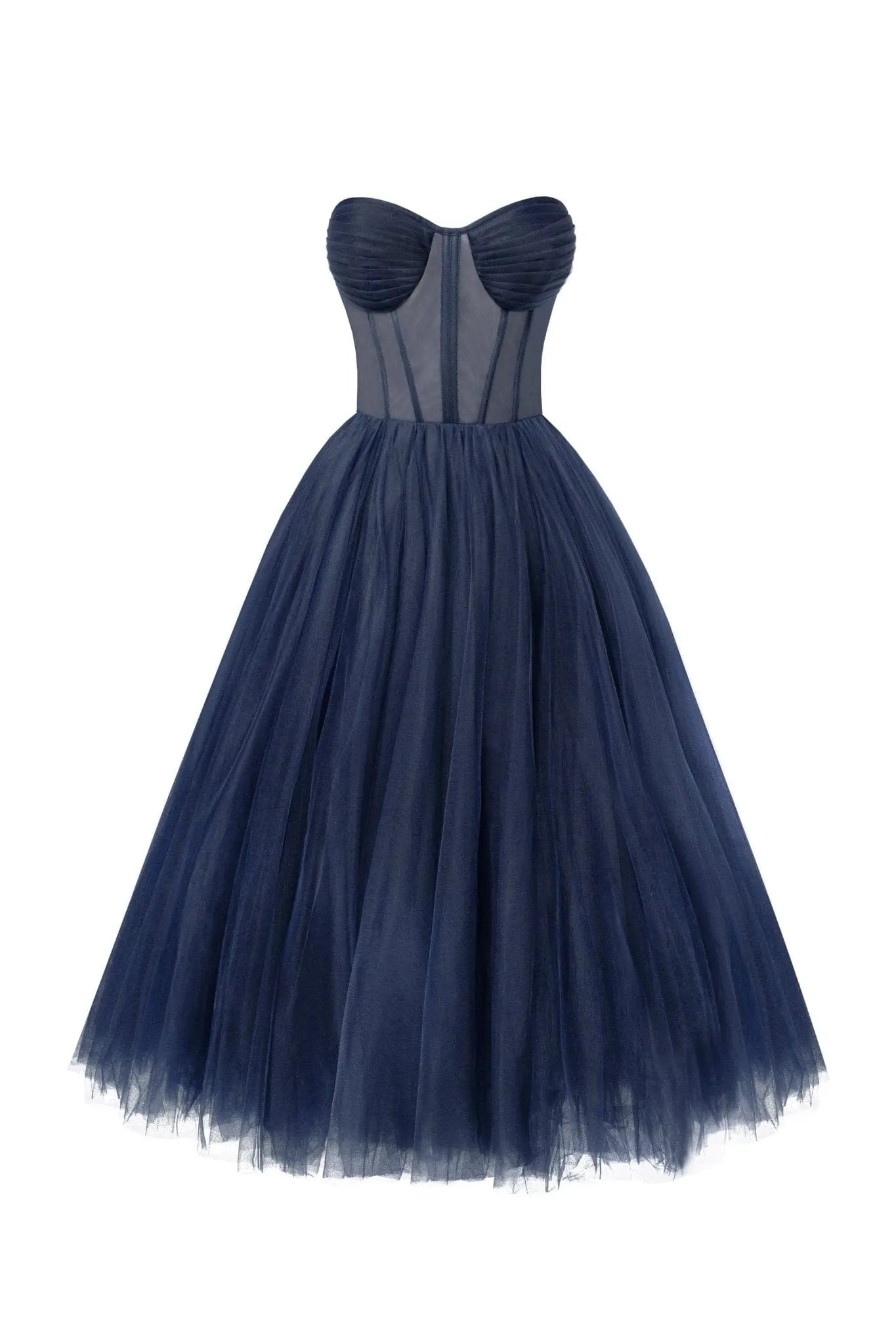 Navy Strapless Puffy Midi Tulle Dress Avalabel