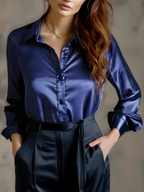 Elegant Black Satin Long Sleeves Blouse Avalabel