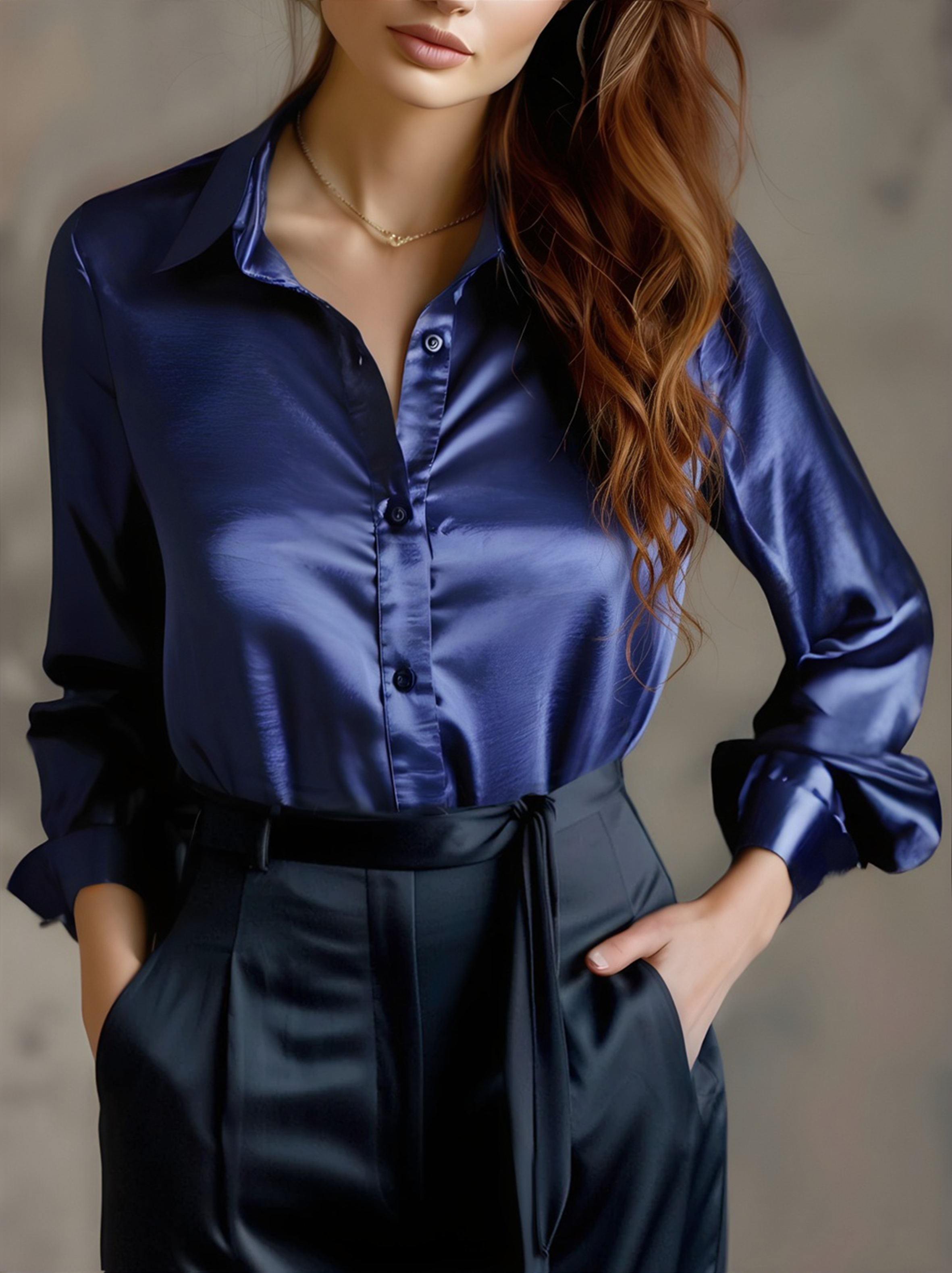 Elegant Black Satin Long Sleeves Blouse Avalabel