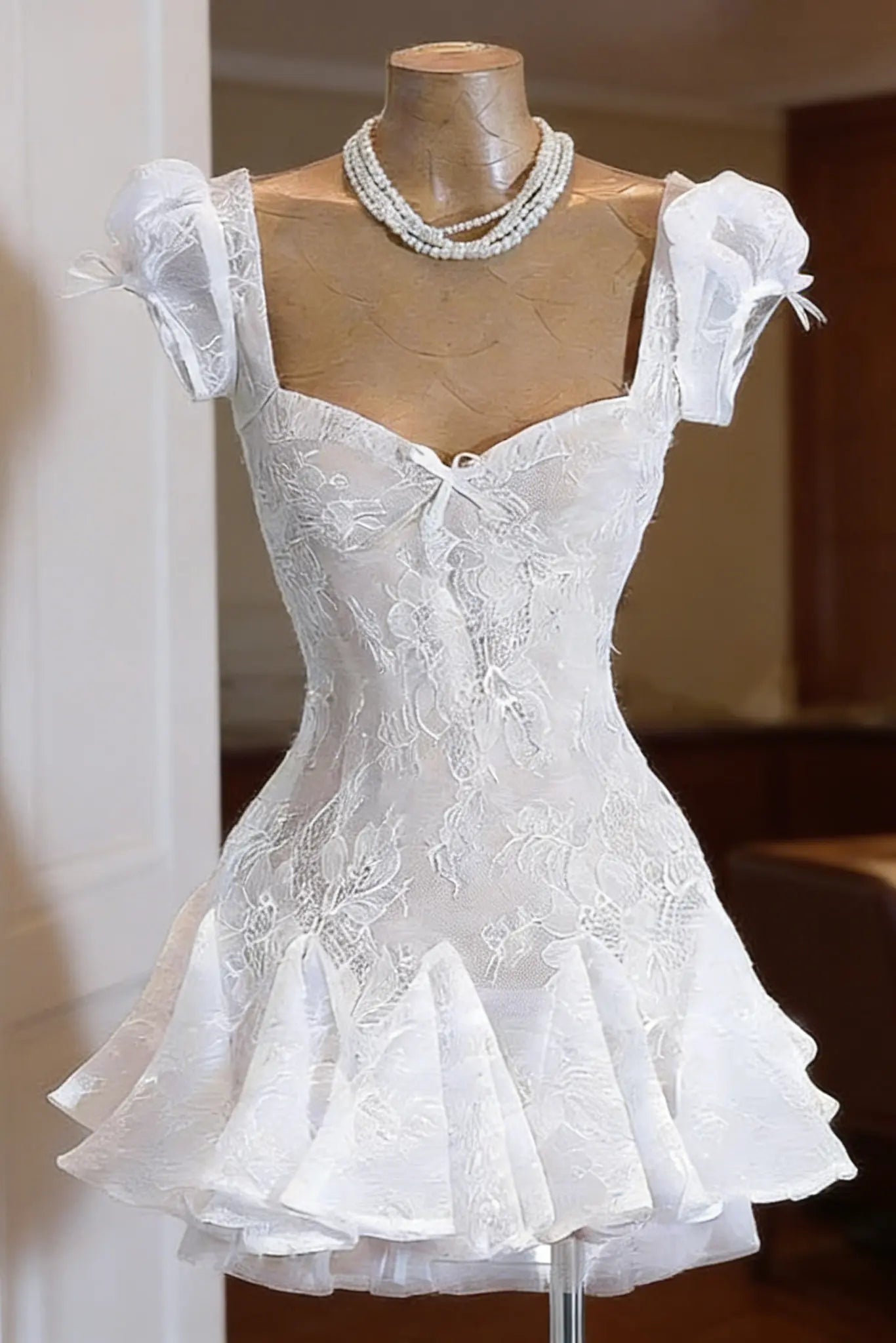 Lace embroidery puffy mini dress in blue Avalabel