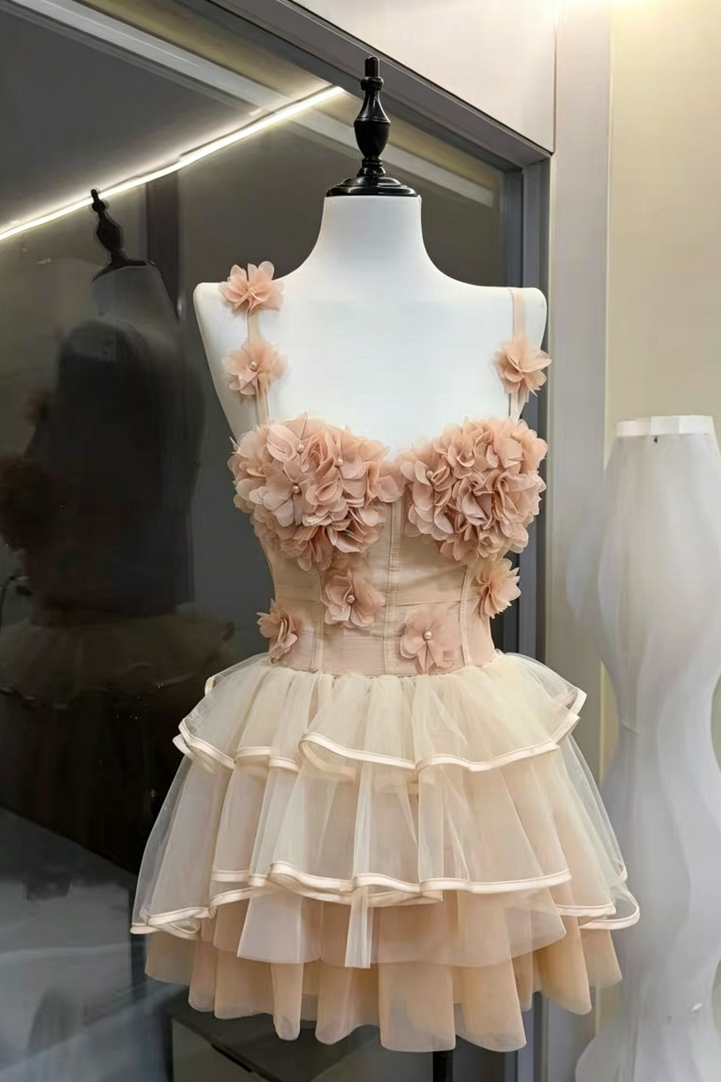 Blush Spaghetti Strap 3D Floral Corset Top & High Low Tiered Tulle Skirt Set Avalabel