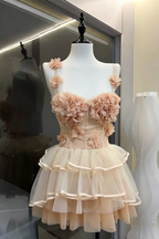 Blush Spaghetti Strap 3D Floral Corset Top & High Low Tiered Tulle Skirt Set Avalabel