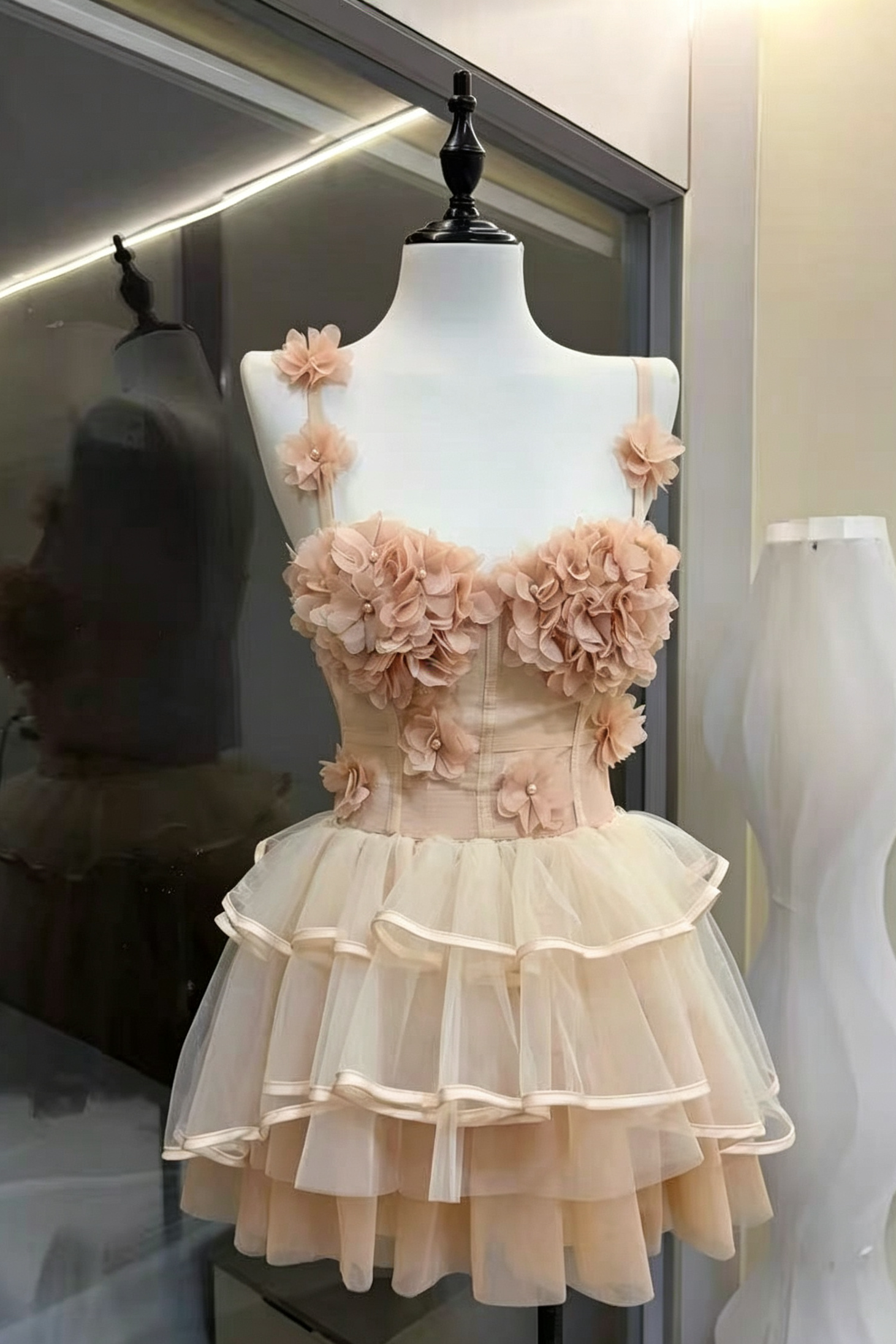 Blush Spaghetti Strap 3D Floral Corset Top & High Low Tiered Tulle Skirt Set Avalabel