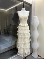 Ivory Wide Strap Lace Corset Peplum Top & Tiered High Low Lace Skirt Set Avalabel