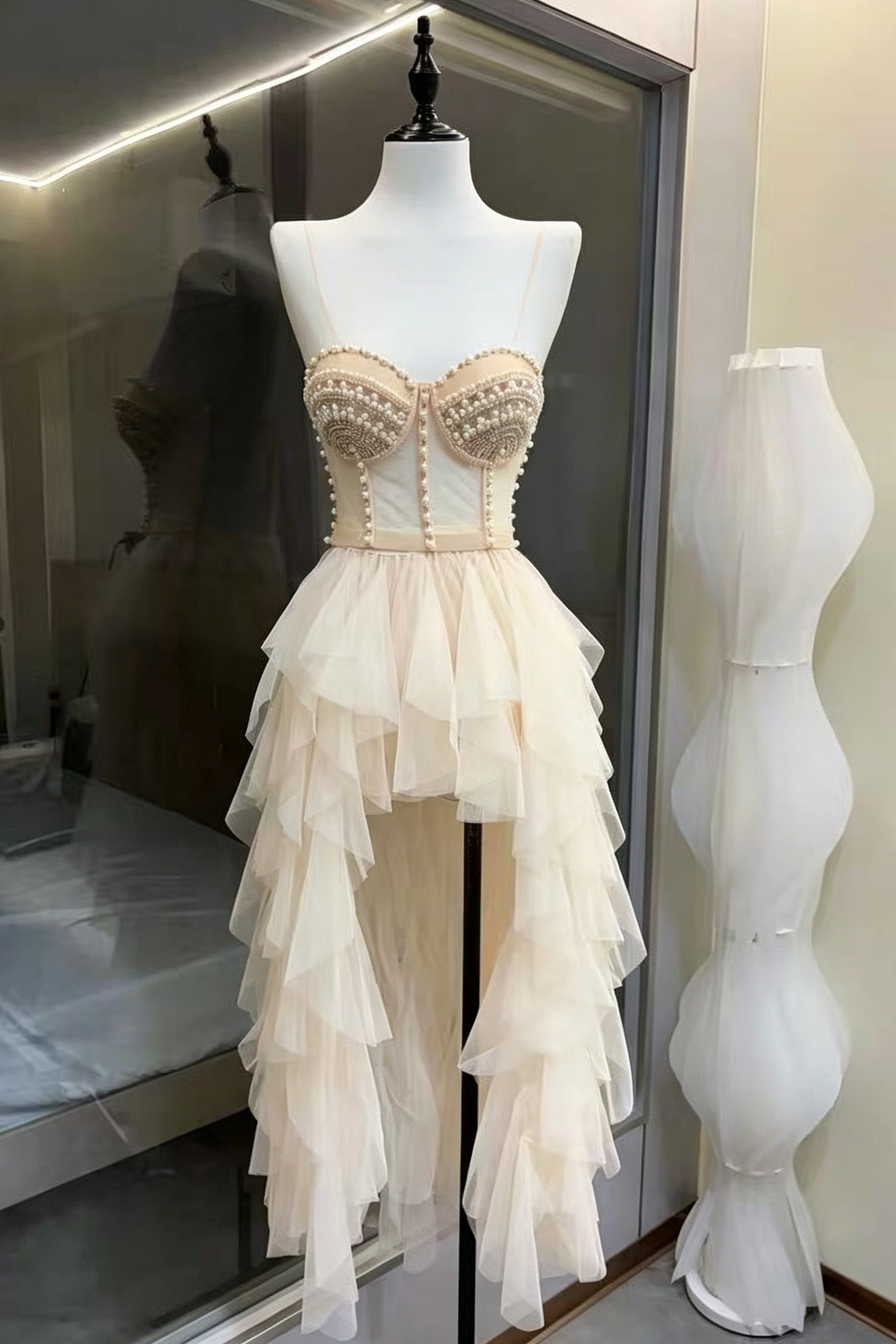 Cream Strapless Pearl Embellished Corset Top & High Low Ruffle Tulle Skirt Set Avalabel