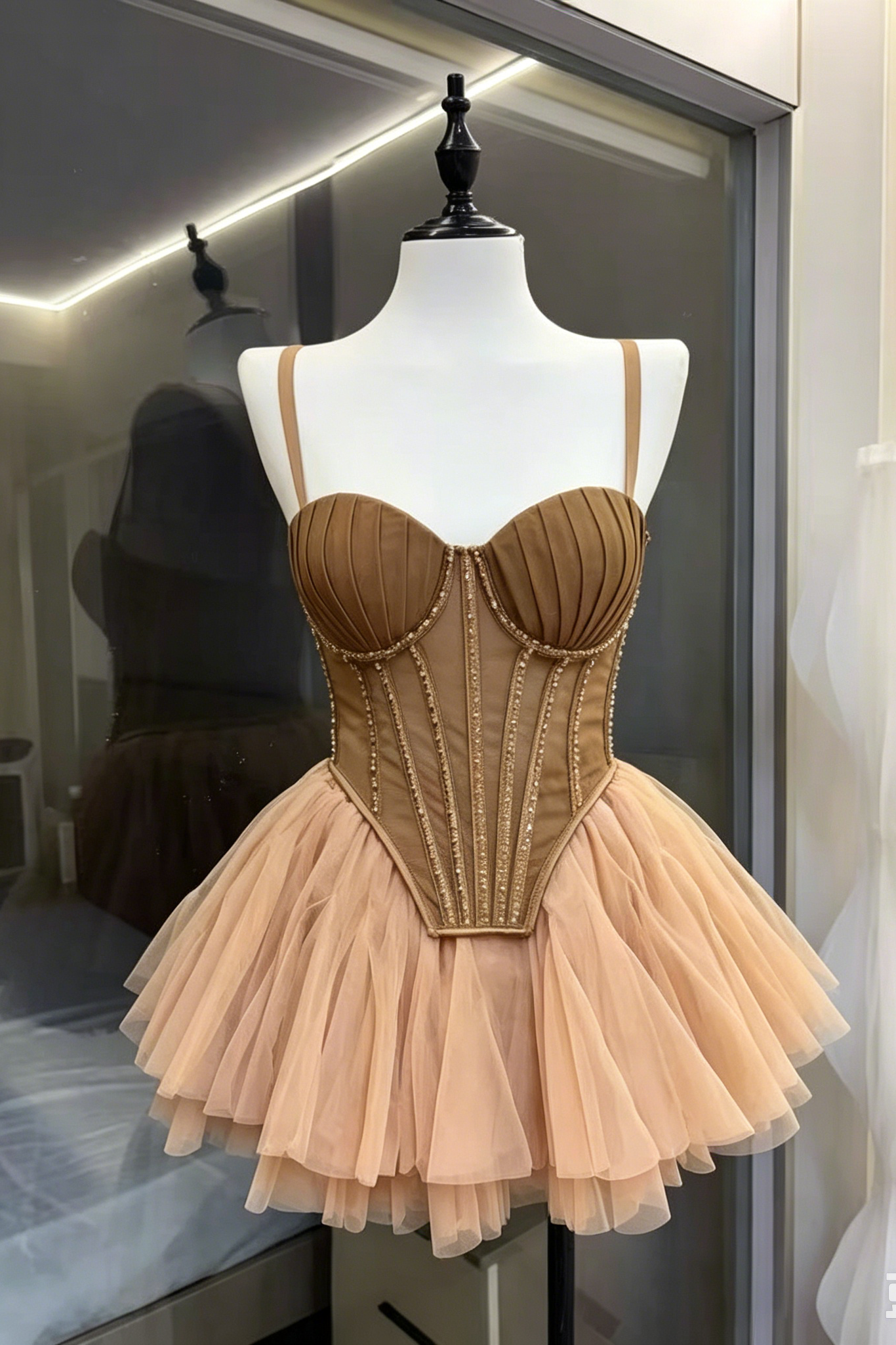 Rhinestone Strap Corset & Fluffy Tulle Mini Skirt Two-Piece Set Avalabel