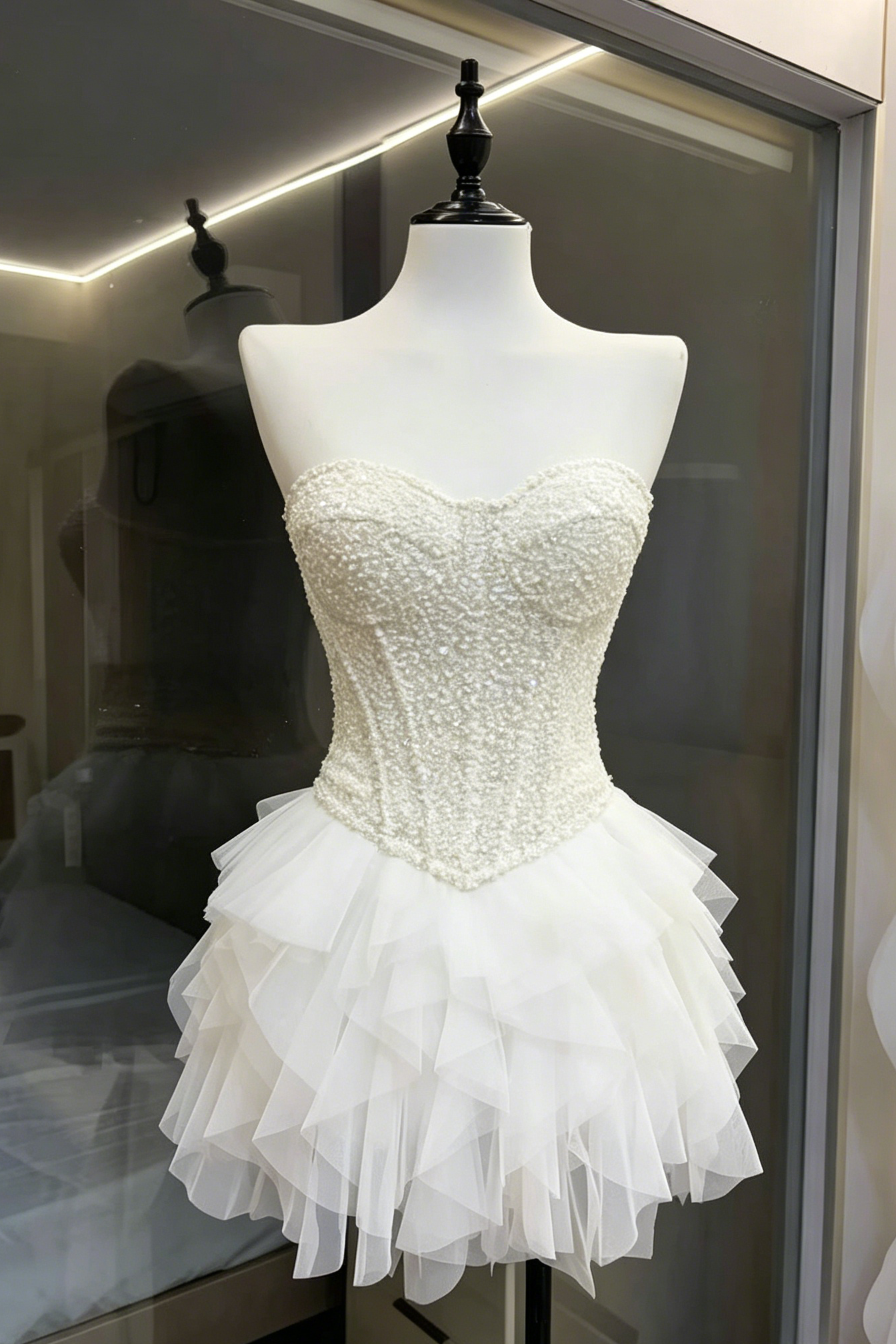 Beaded Strapless Corset & Ruffle Tulle Mini Skirt Two-Piece Set Avalabel