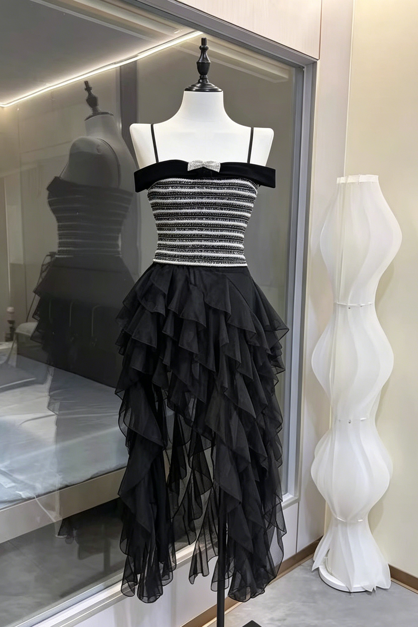 Rhinestone Bow Tweed Top & High-Low Ruffle Tulle Skirt Two-Piece Set Avalabel