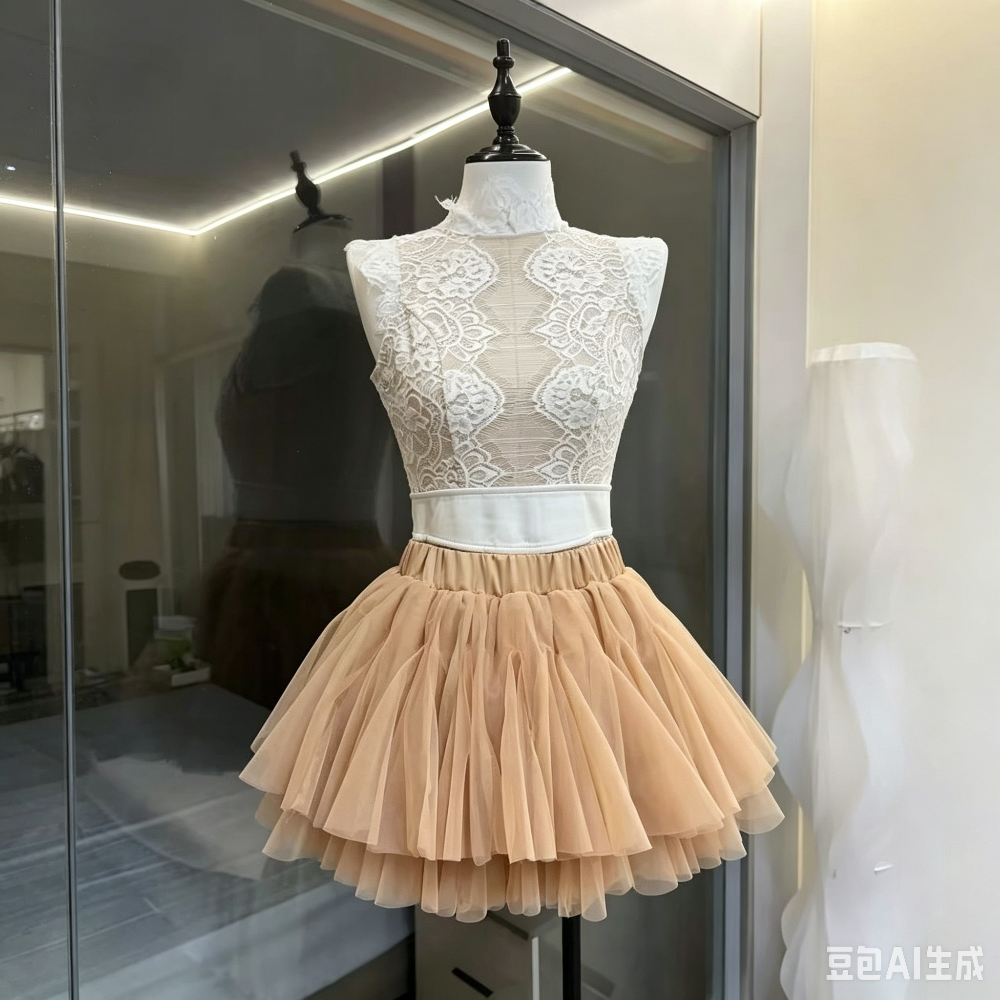 High Neck Lace Top & Puffy Tulle Skirt Two-Piece Set Avalabel