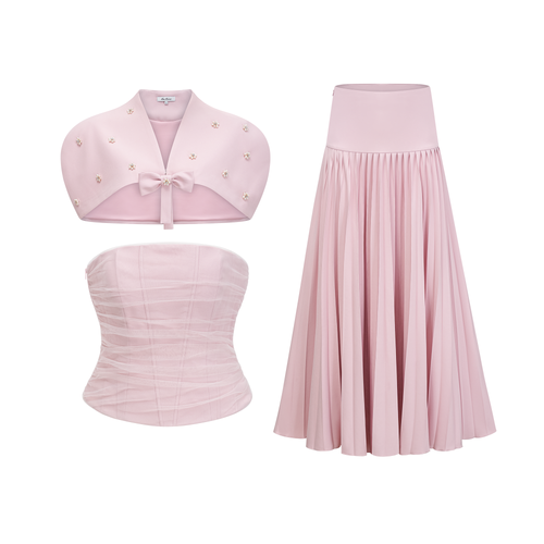 Cape Bow Pearl Corset Pleated Maxi Dress poava