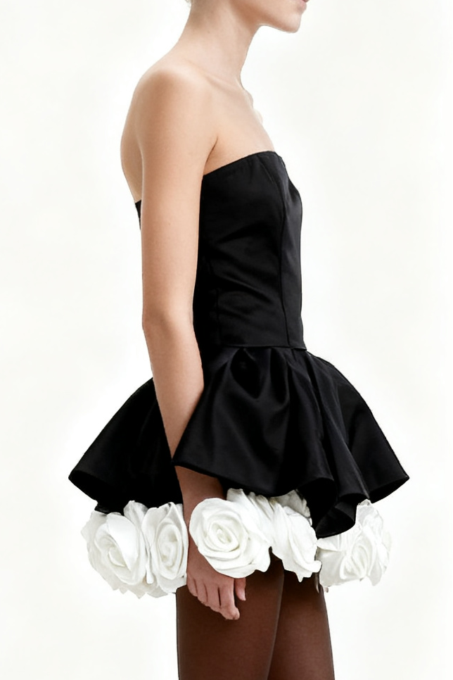 Lucie black petal-layered strapless corset mini dress Avalabel