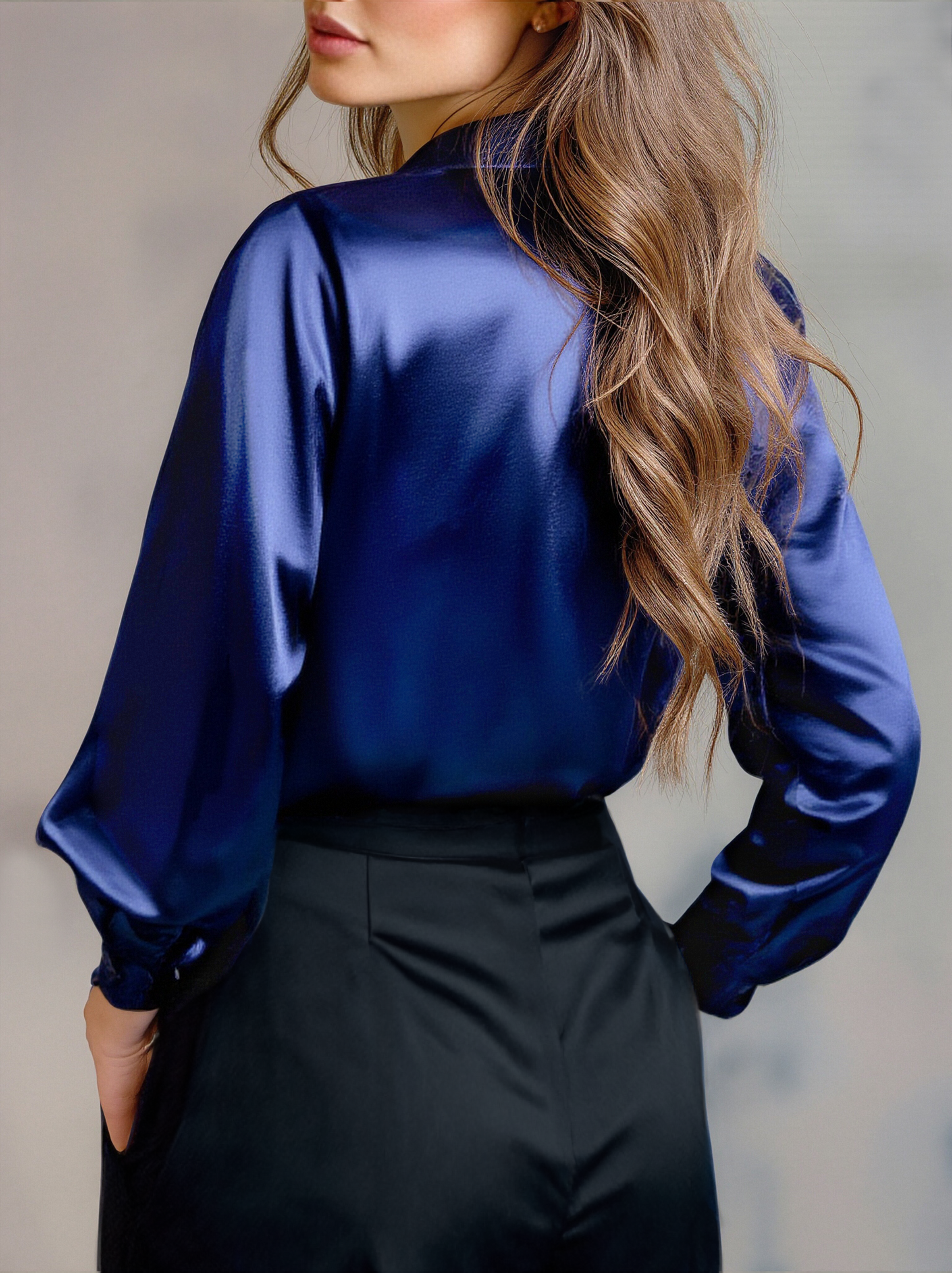 Elegant Black Satin Long Sleeves Blouse Avalabel