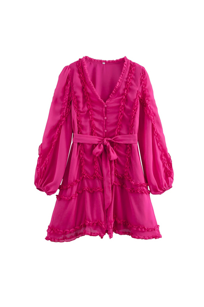 Lara Chiffon Flower Hem Mini Dress in Rose Red