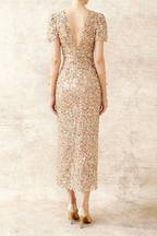 Embroidery v -neck midi dress in beige Avalabel