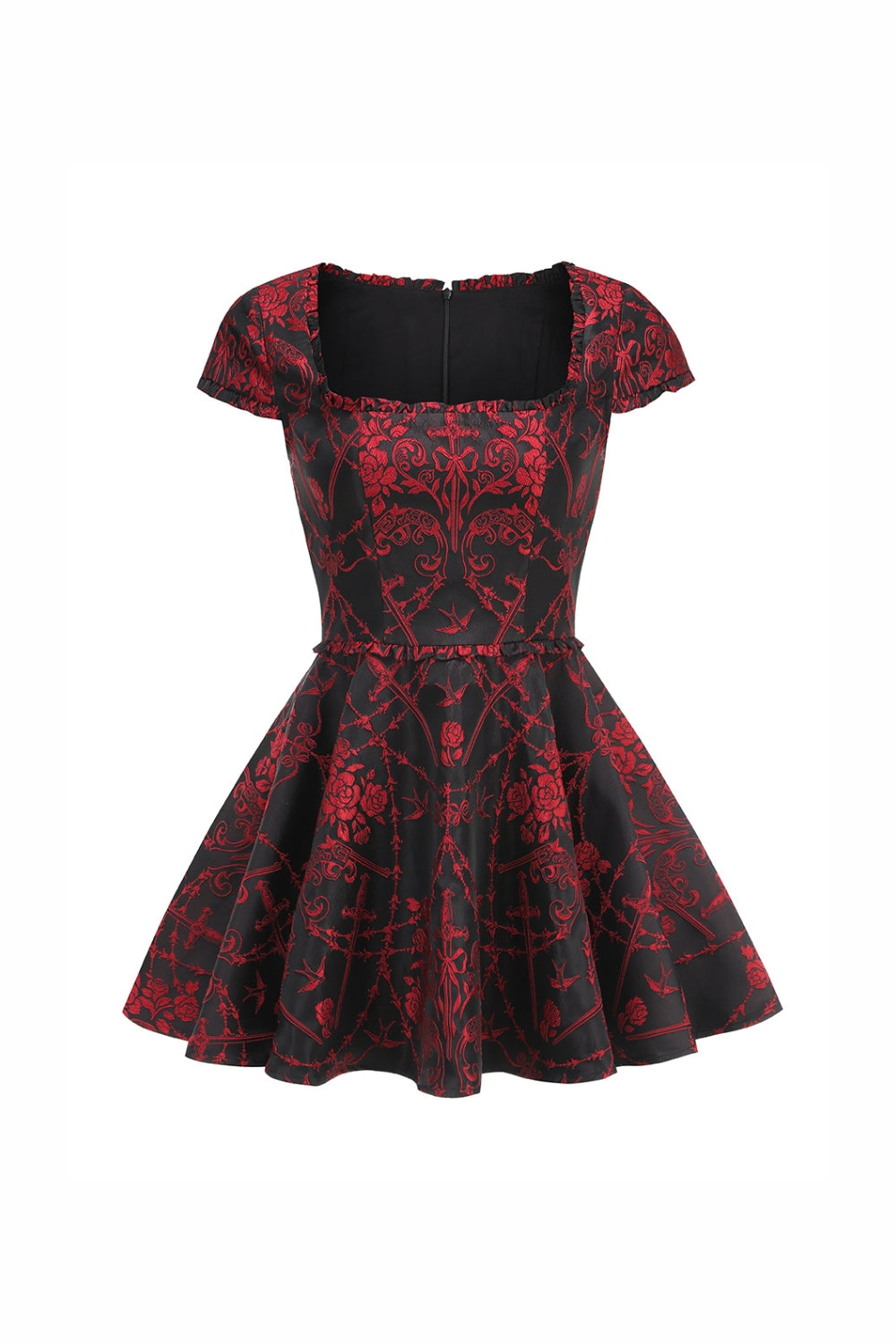 Square Neck Jacquard Mini Dress in Black Red Avalabel