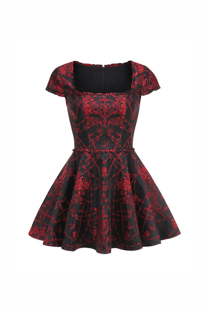 Square Neck Jacquard Mini Dress in Black Red Avalabel
