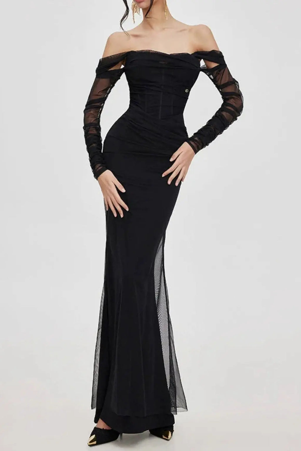 Ariel black Mesh Off-Shoulder Mermaid Maxi Dress Avalabel