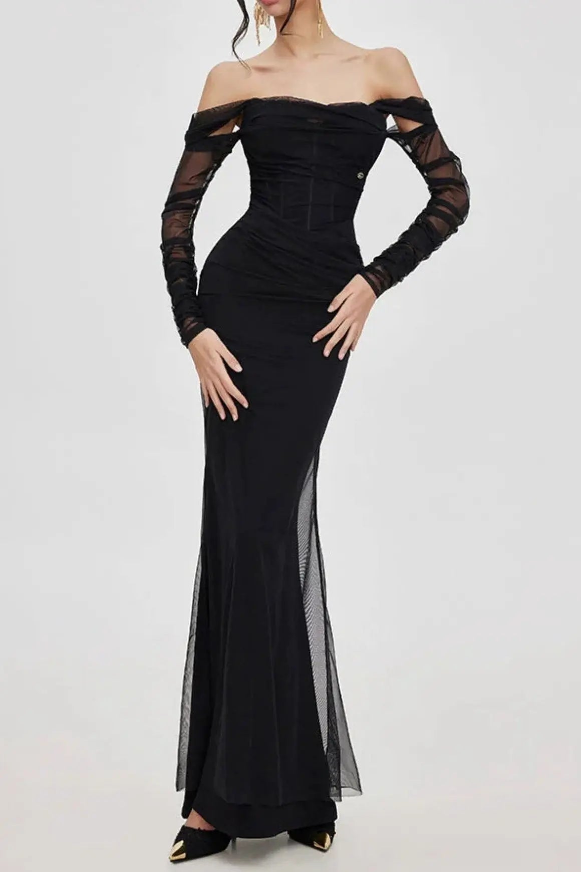Ariel black Mesh Off-Shoulder Mermaid Maxi Dress Avalabel