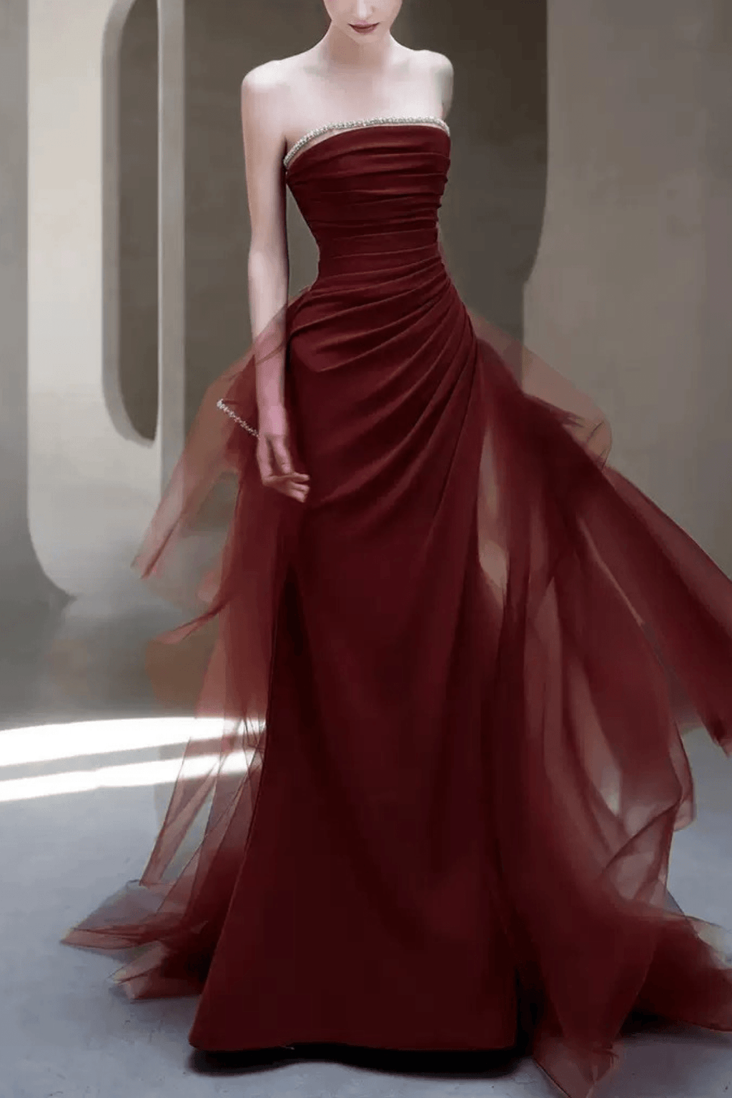 Cora Burgundy Strapless Ruched Tulle Dress Avalabel