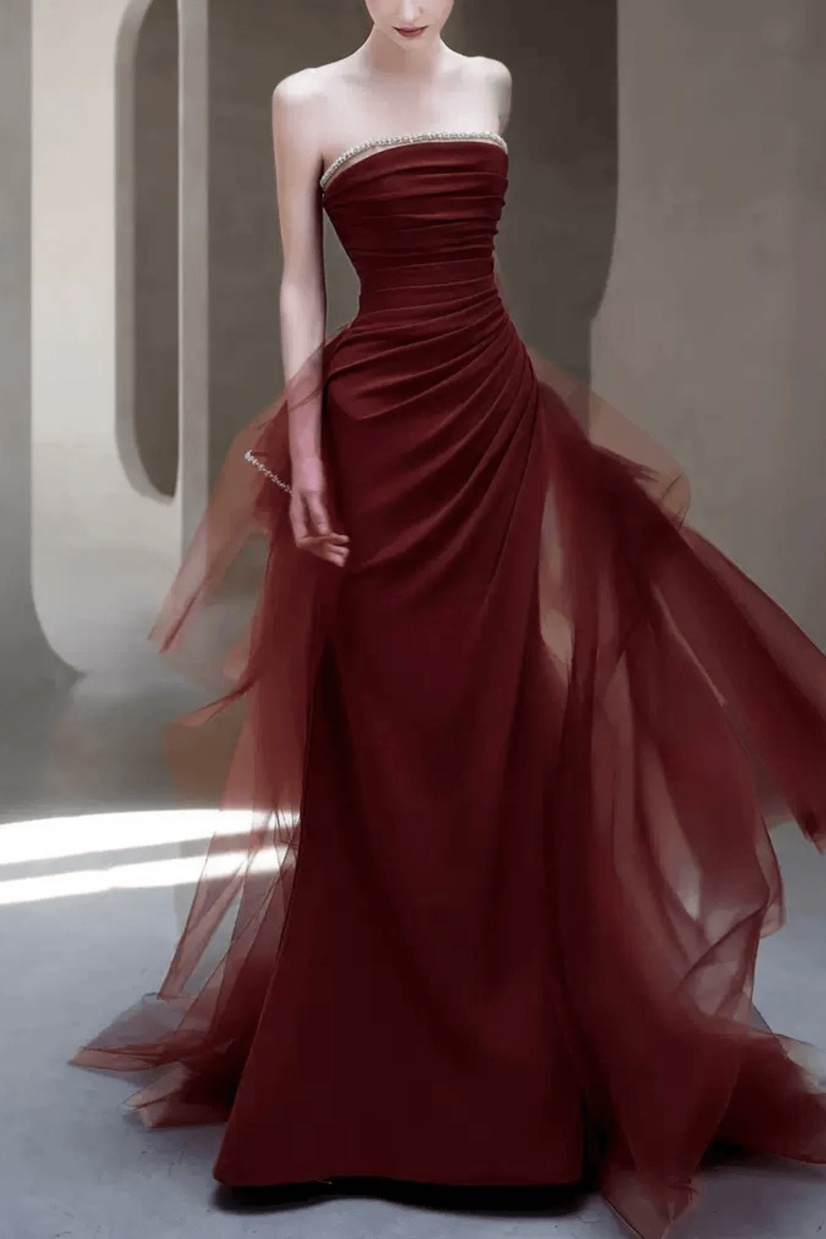 Cora Burgundy Strapless Ruched Tulle Dress Avalabel