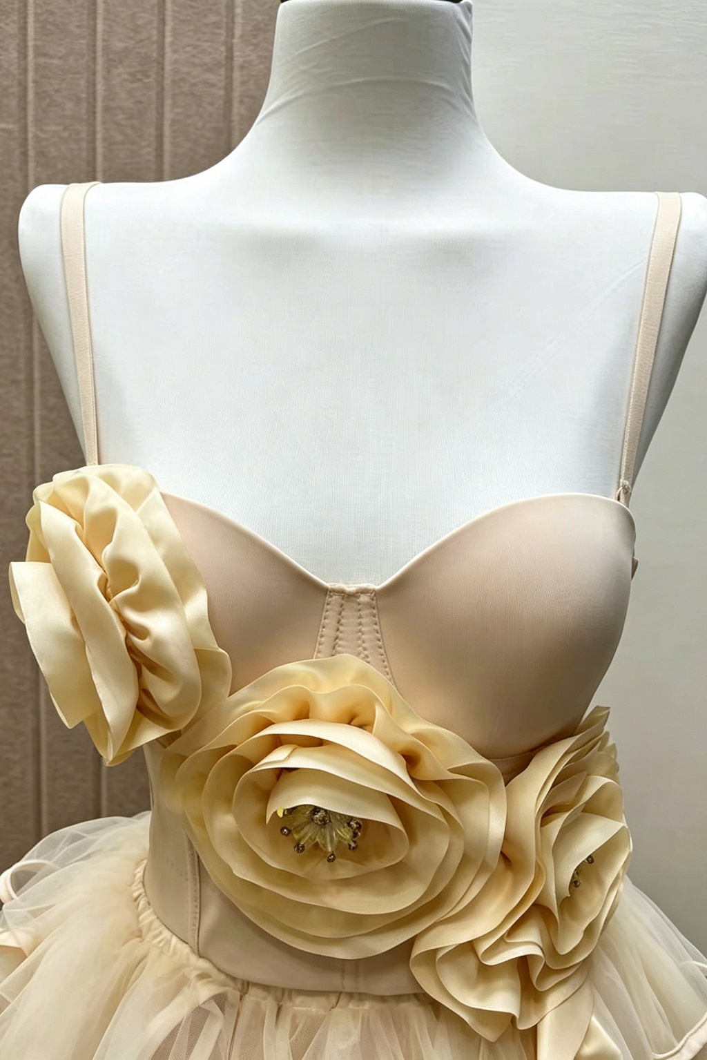 Champagne Strapless 3D Floral Corset Top & High Low Ruffle Tulle Skirt Set Avalabel