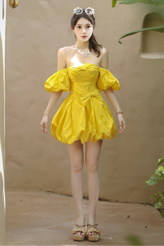 Bonnie Puff Strapless Mini Dress in Yellow