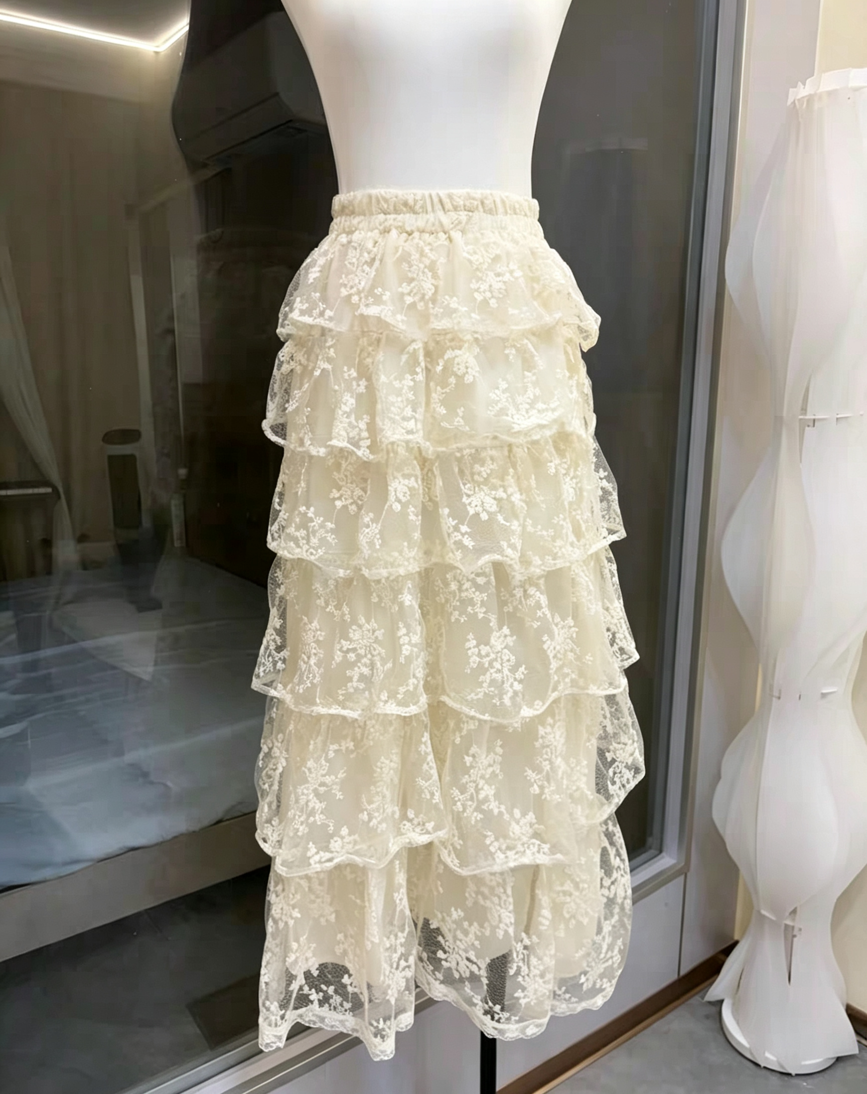 Ivory Wide Strap Lace Corset Peplum Top & Tiered High Low Lace Skirt Set Avalabel