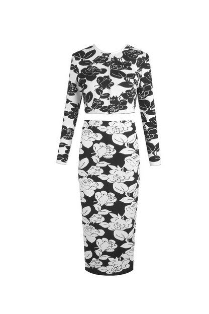 Knit Floral Jacquard Midi Pencil Cardigan Skirt Set