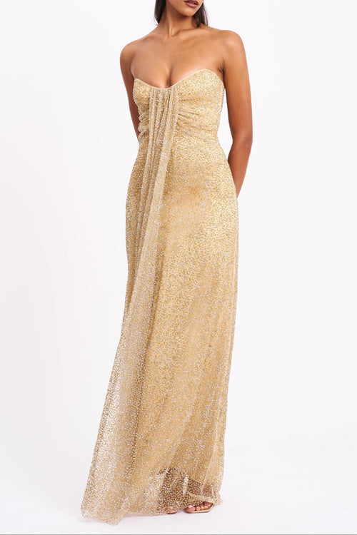 Ada Gold Rhinestone Embellished Strapless Gown with Head Scarf Avalabel