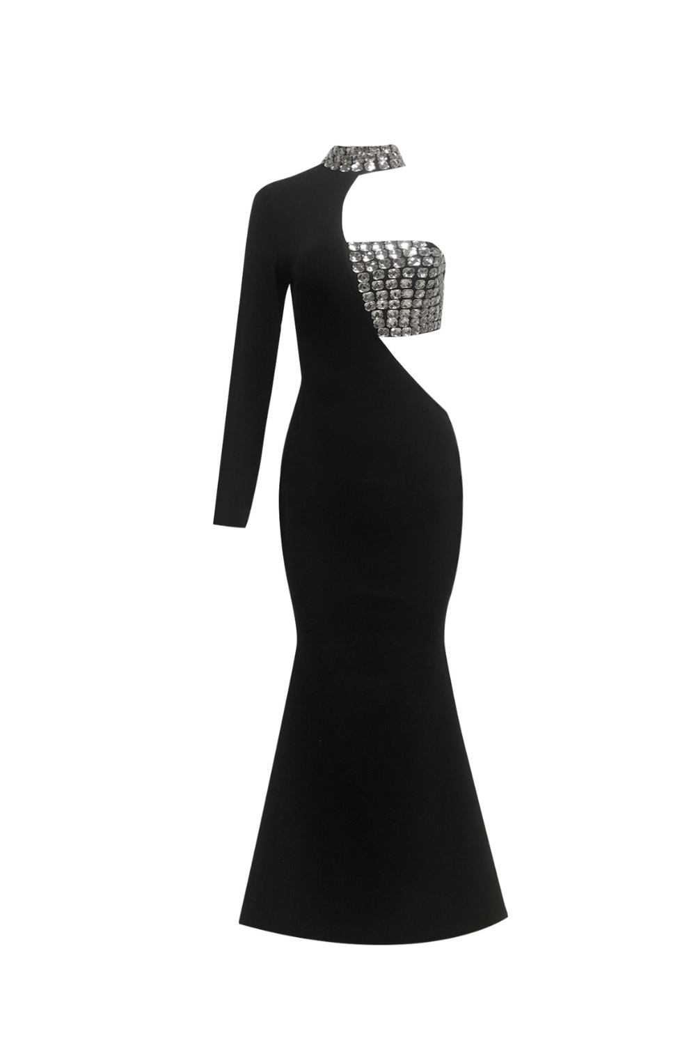 Crystal Embellished One-Sleeve Cut-Out Maxi Dress in black Avalabel