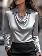 Elegant White Satin Blouse with Draped Neckline Avalabel