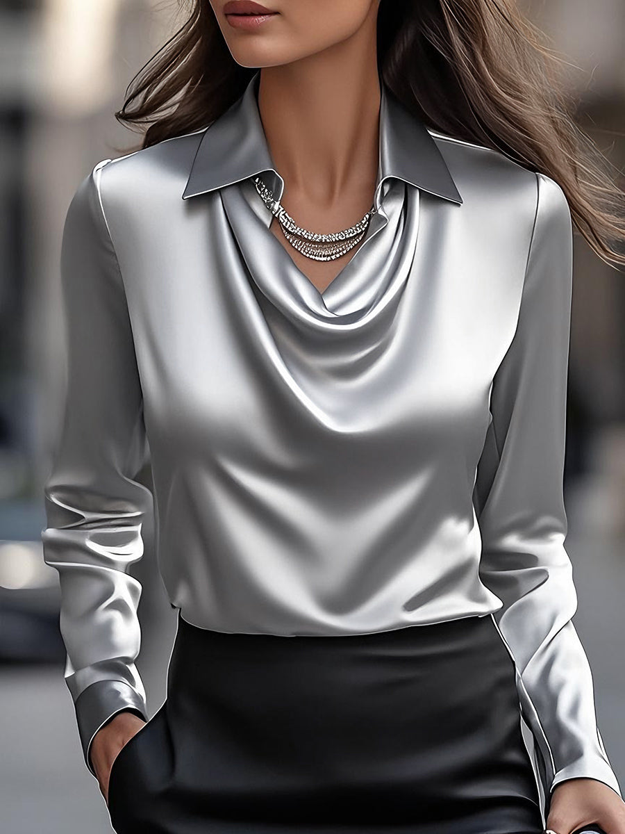 Elegant White Satin Blouse with Draped Neckline Avalabel