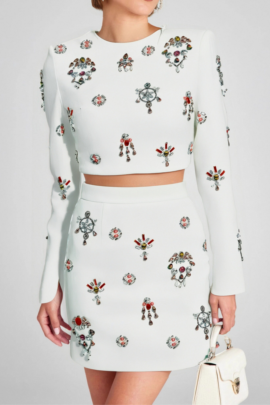WHITE RHINESTONE EMBELLISHED SKIRT SET Avalabel