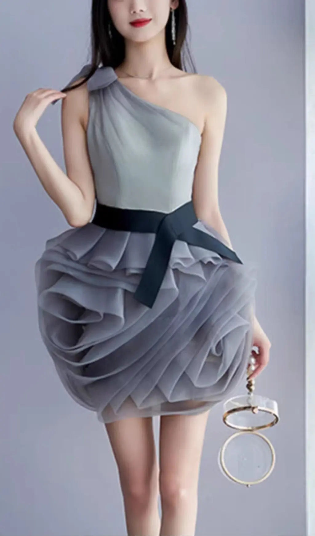 ONE SHOULDER MESH MINI DRESS IN GREY Avalabel