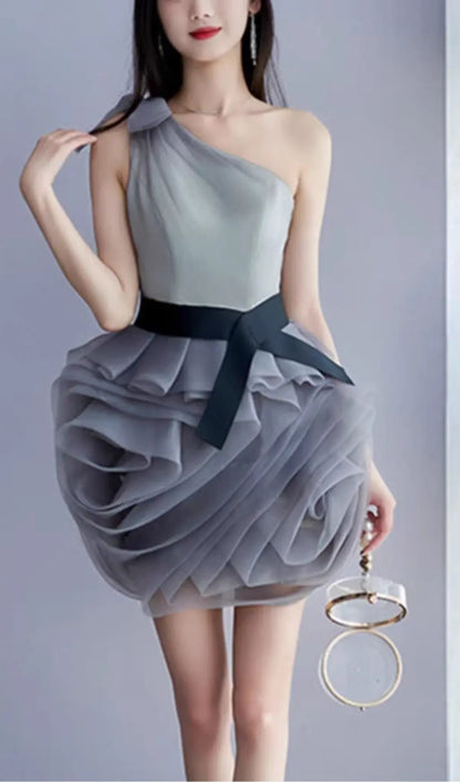 ONE SHOULDER MESH MINI DRESS IN GREY Avalabel