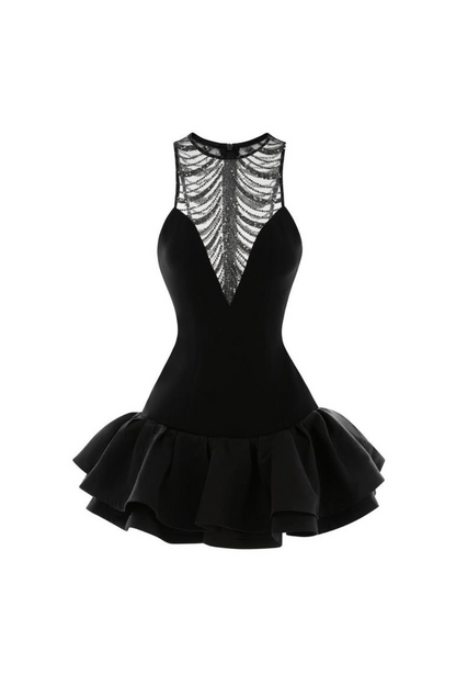 Jessica Sequin Tulle Ruched Hem Mini Dress in Black