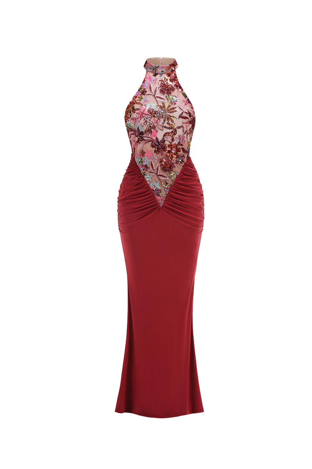 Tracy Sequin Embroidery Halter Maxi Dress in Red Avalabel