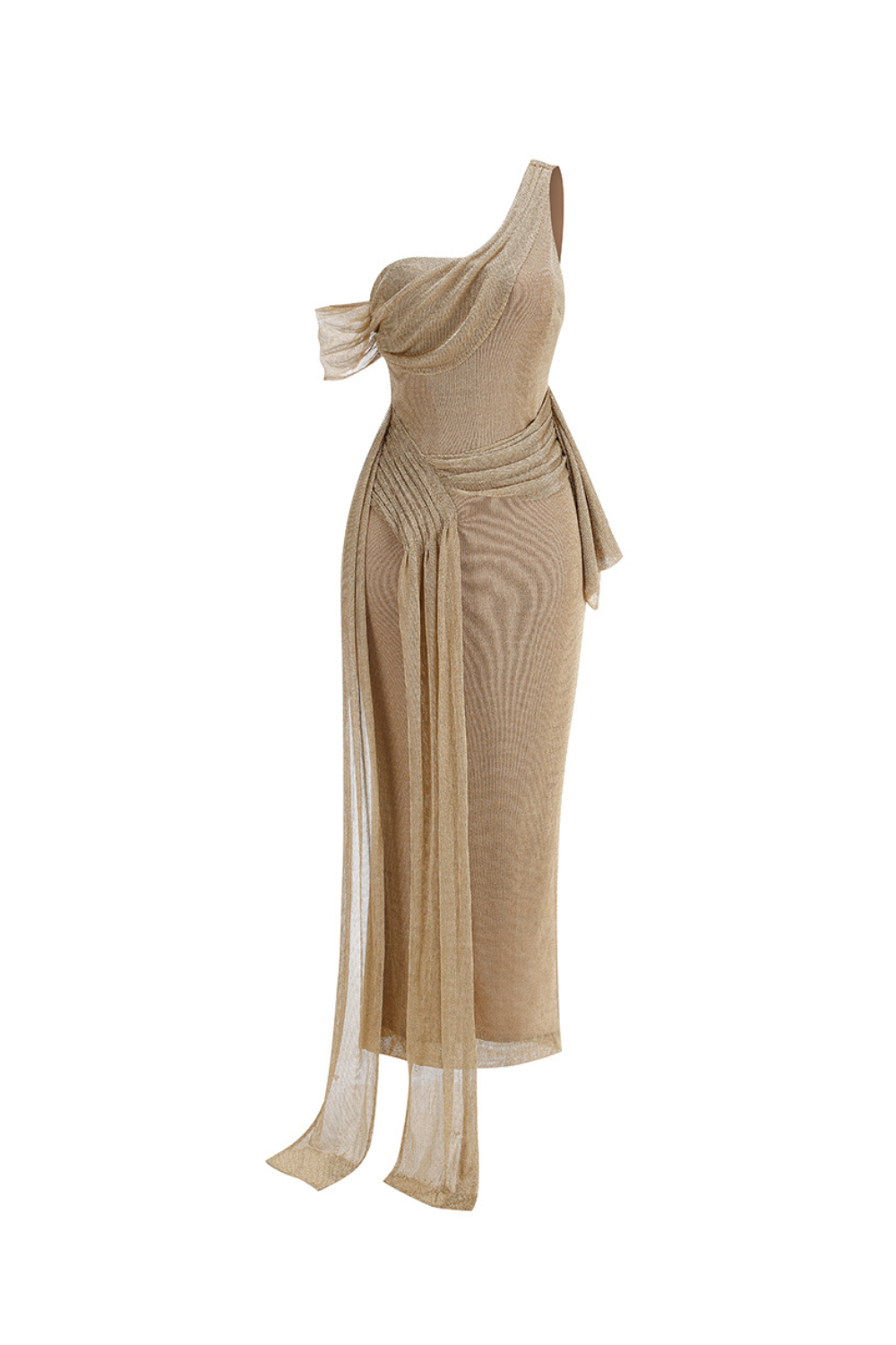 One-Shoulder Draped Bodycon Maxi Dress in Khaki Avalabel