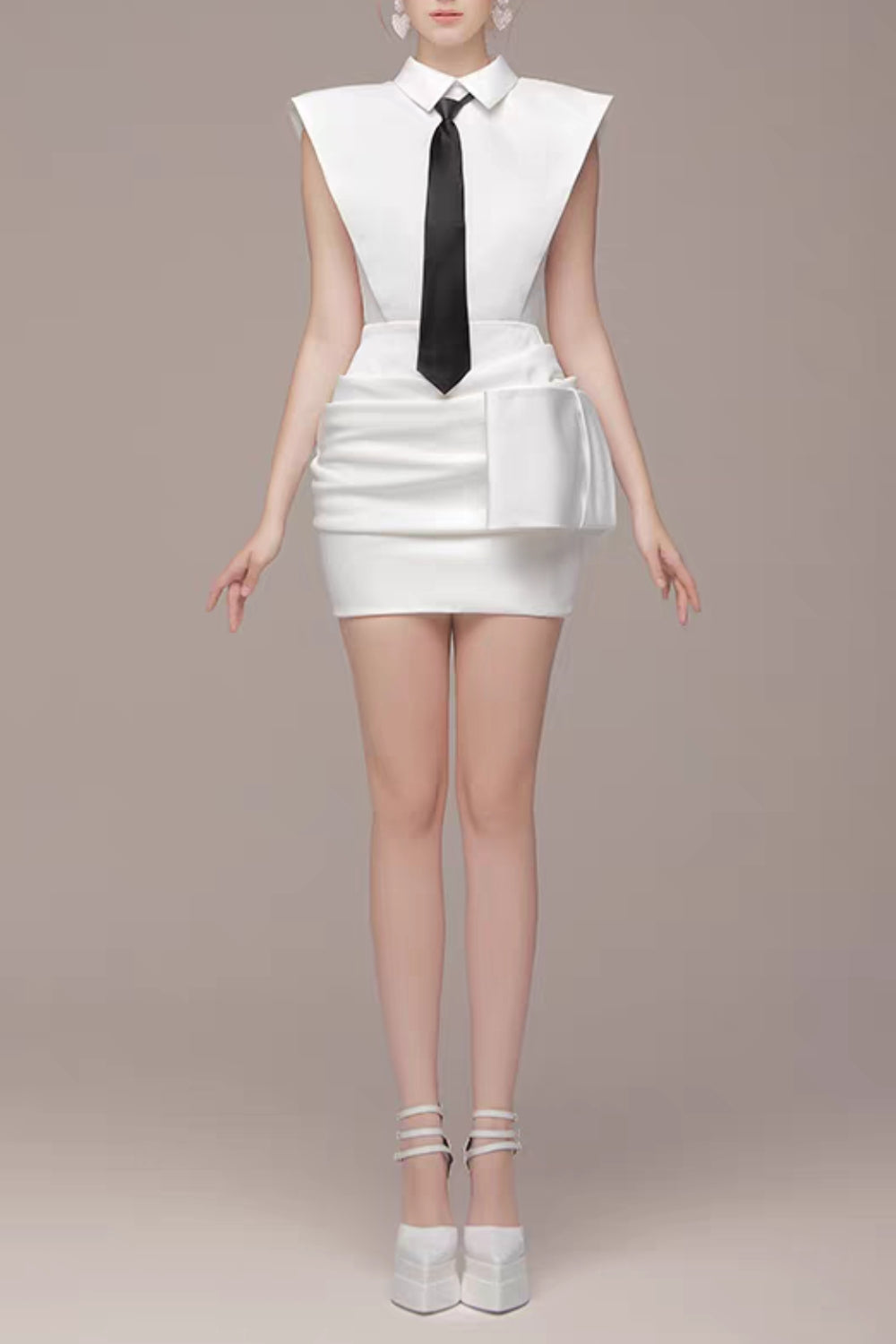White Bowknot Mini Dress With Necktie Avalabel