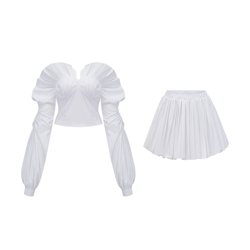 Tiffany White Off-Shoulder Ruched Blouse & Skirt Set Avalabel
