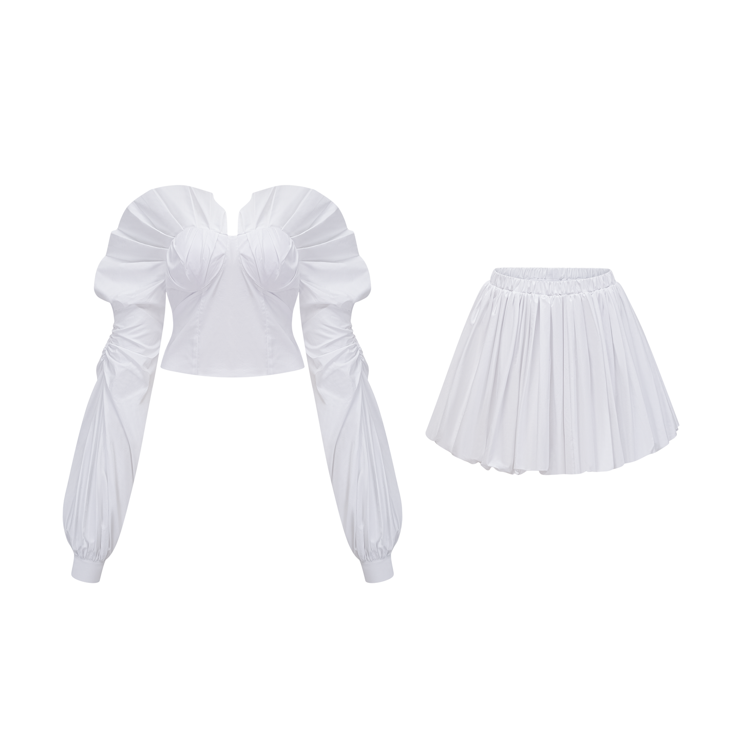 Tiffany White Off-Shoulder Ruched Blouse & Skirt Set Avalabel