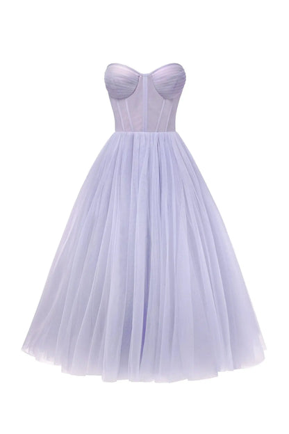 Lavender Strapless Puffy Midi Tulle Dress Avalabel