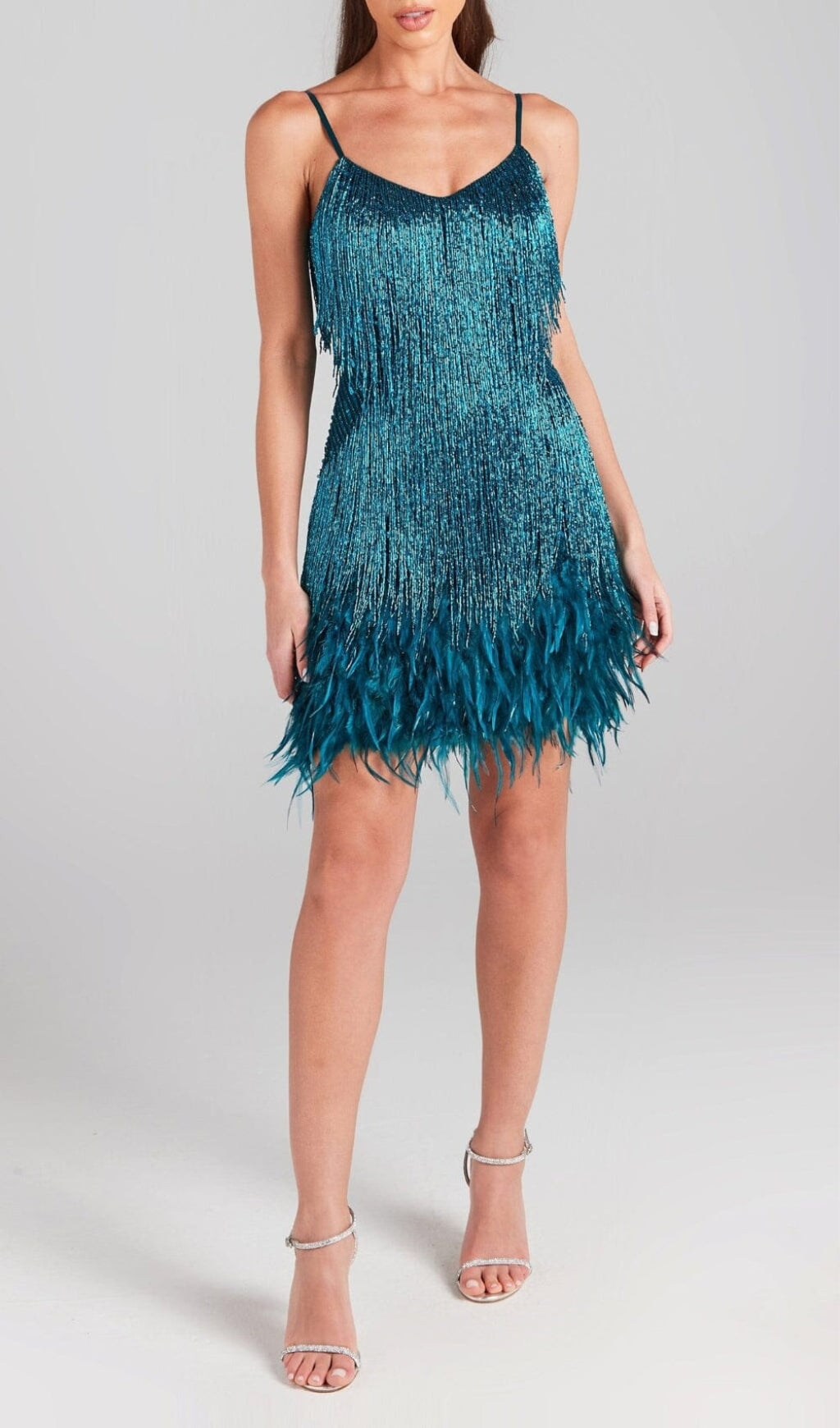 EMERALD TASSEL FEATHER MINI DRESS Avalabel