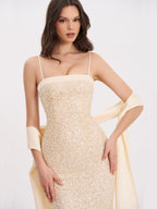 Raizel Gold Beaded Sequin Bodycon Gown with Scarf Avalabel