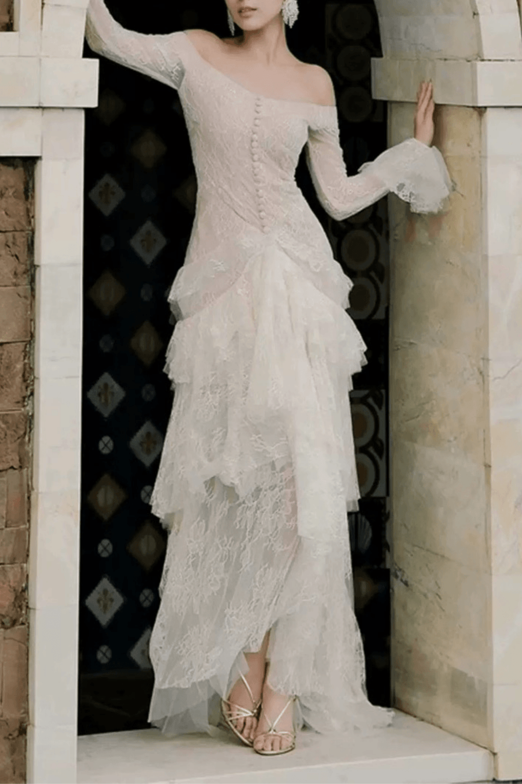 Julie White Lace Off Shoulder Long Sleeve Ruffle Maxi Dress Avalabel