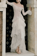 Julie White Lace Off Shoulder Long Sleeve Ruffle Maxi Dress Avalabel